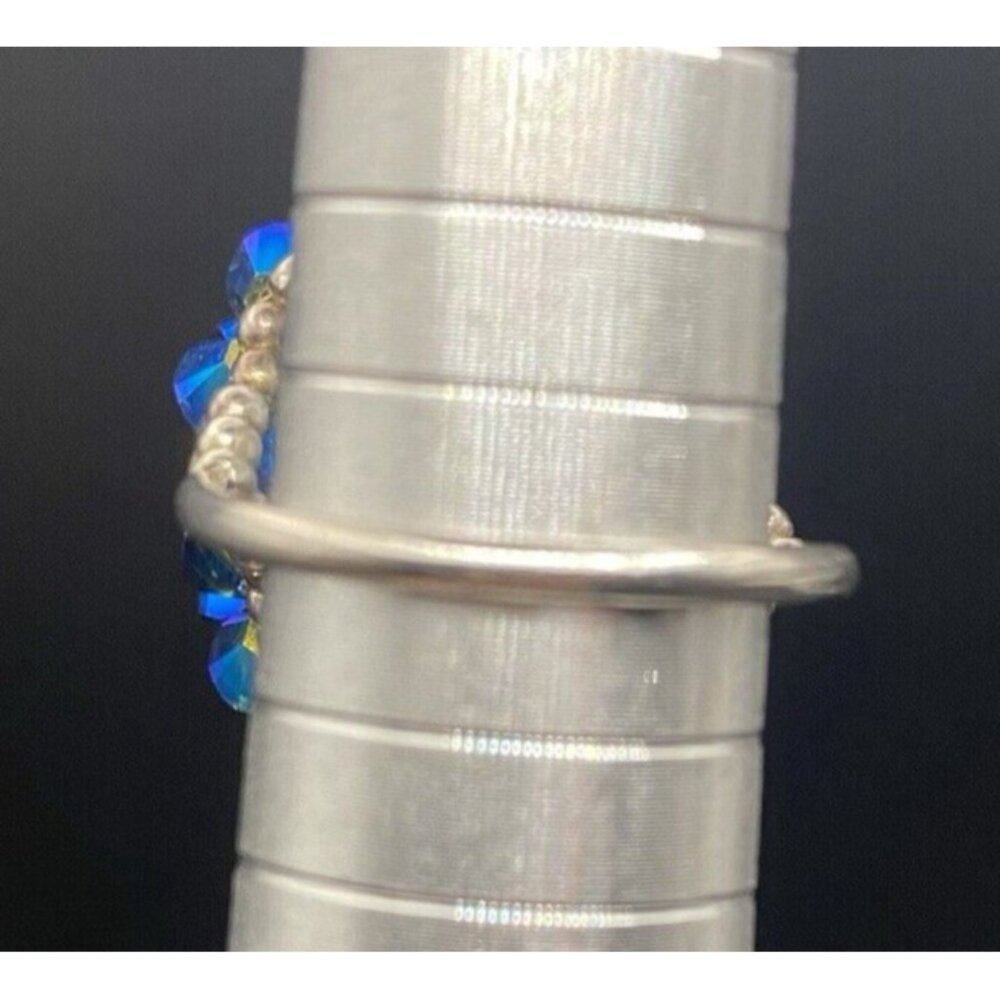 Tested Sterling Silver Ring Blue AB Bicone Crystal Dome Woven Bead Size 6 Floral - Picture 12 of 12
